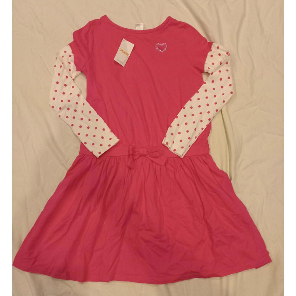GYMBOREE LONG SLEEVED DRESS GIRLS 10 PINK W/ RHINESTONE HEART,POLKA DOT SLEEVES